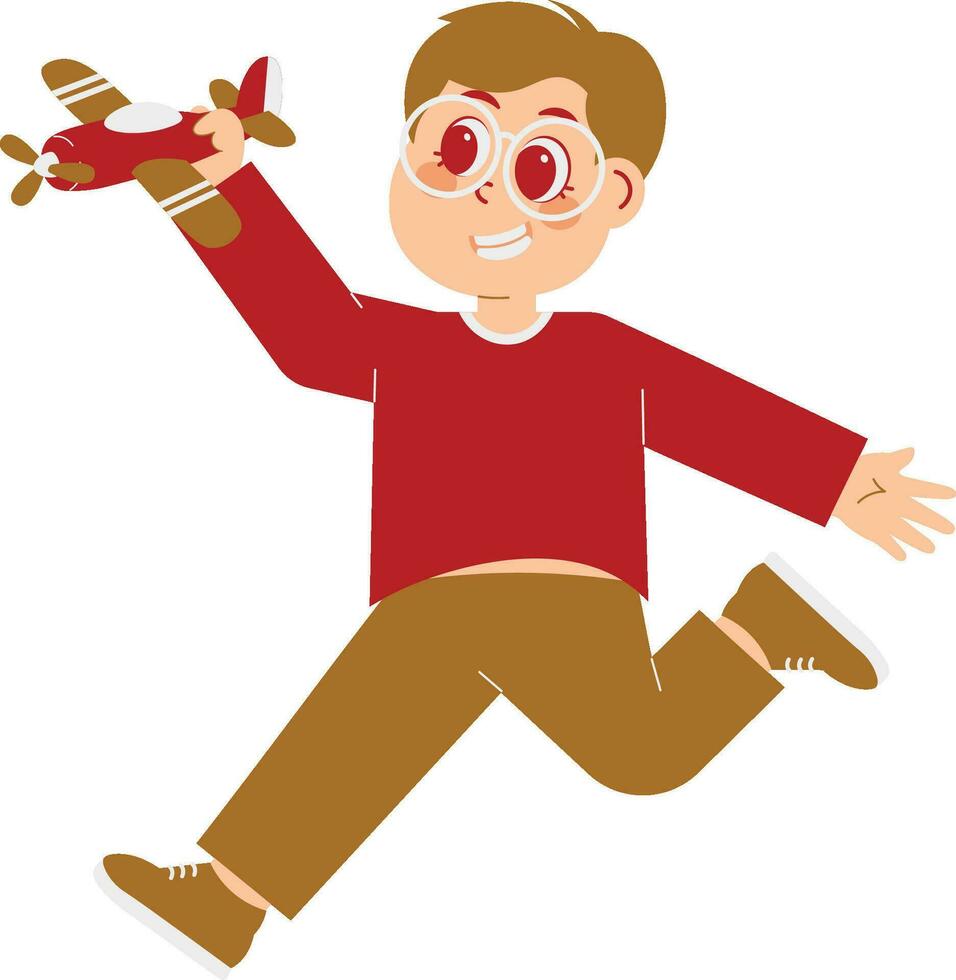 contento niño saltando con juguete avión ilustración vector