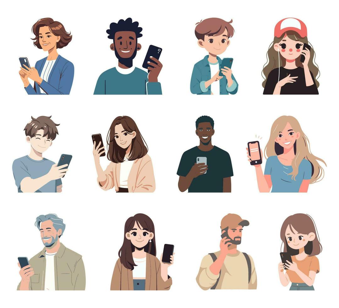 personas utilizar móvil Los telefonos, charlar, navegar el Internet. vector