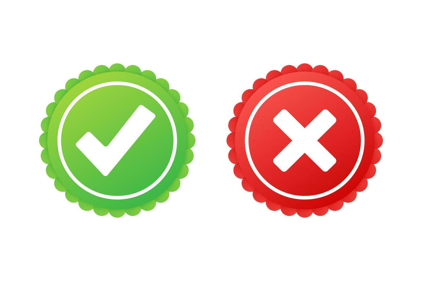 Tick and cross icons. Green checkmark OK and red X icons, Circle shape  symbols YES and NO button for vote ilustração do Stock