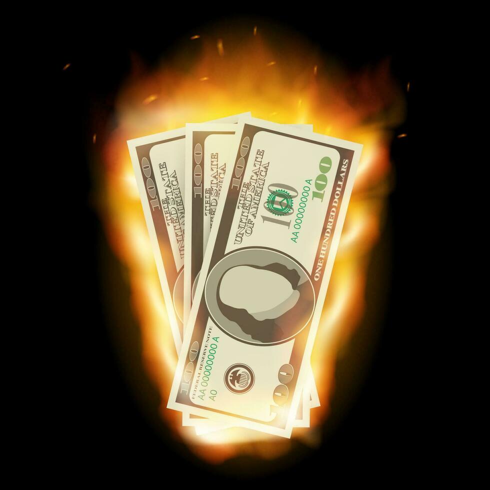 Burning dollar on a black background for design. Vector stock illustration