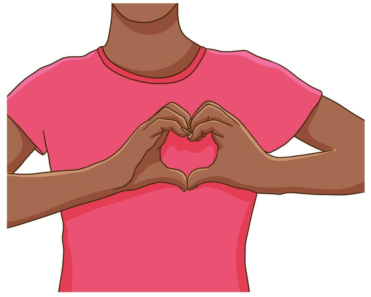 Breast cancer awareness month. Black woman wearing pink t-shirt, making heart sign with her hands. Support or proud survivor concept. vector