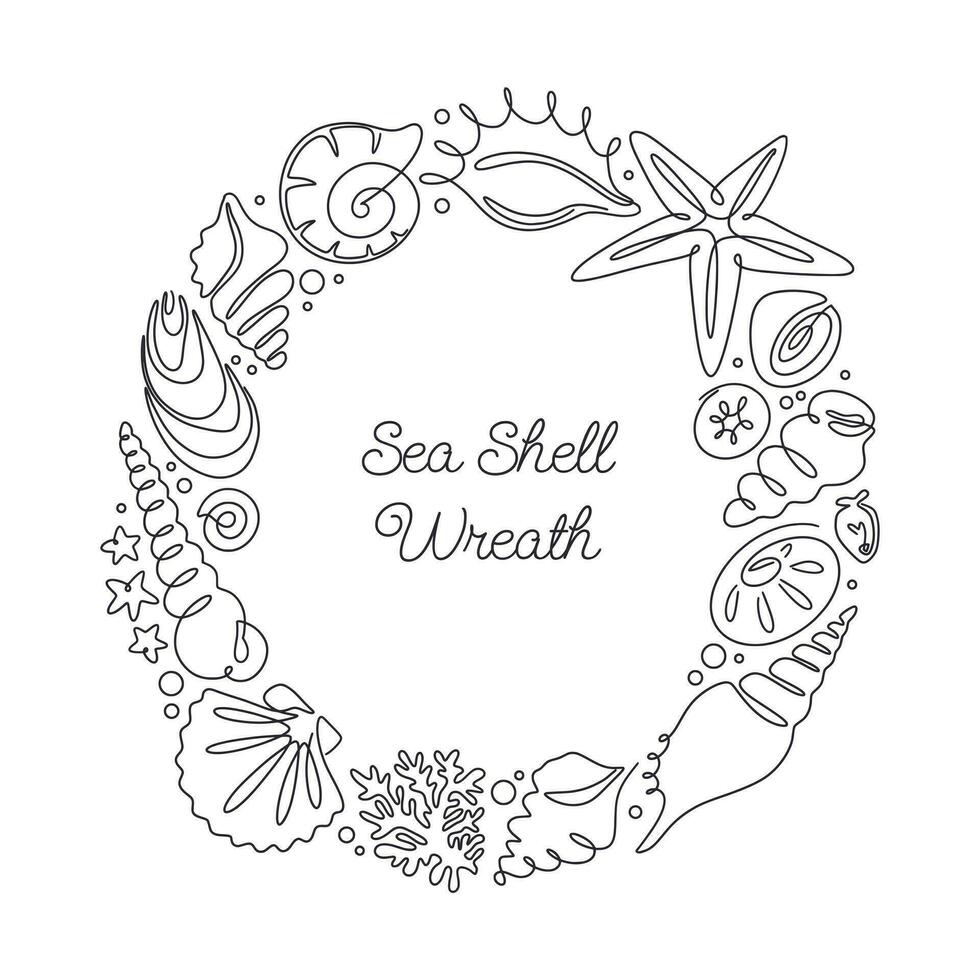 Monochrome seashells wreath, one line with endless infinite contour doodle drawing. Frame of abstract shapes of ocean shells vector