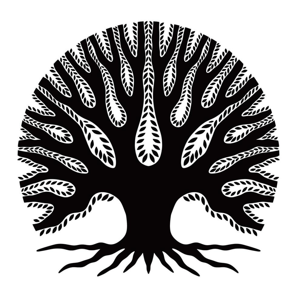 Stylised family tree template, genealogy tree with roots, branches and leaves, black and white silhouette, isolated on white vector