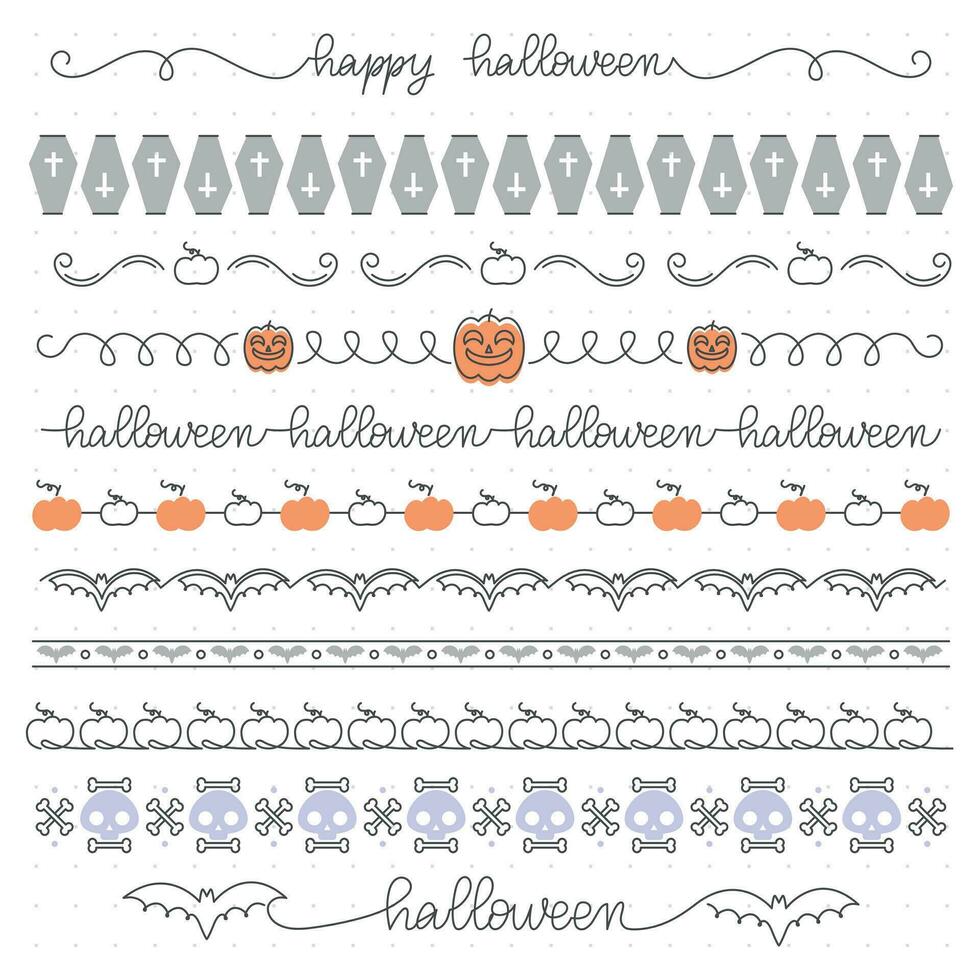 Halloween themed seamless borders collection, simple one line style, editable line thickness. Vector illustration