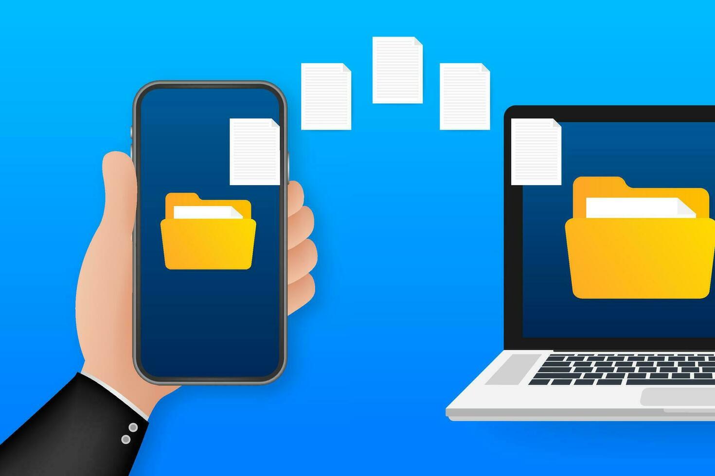 Data image file transfer between device smartphone. File transfer copy files data sheet exchange concept. Vector stock illustration