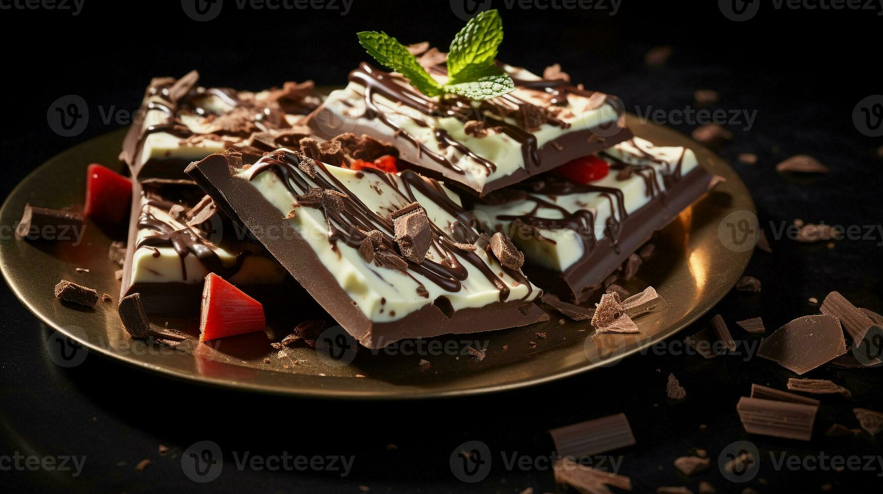 Photo of Peppermint Bark as a dish in a high-end restaurant. Generative AI