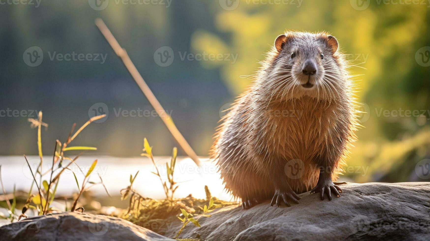 Close-up photo of a Muskrat looking in their habitat. Generative AI