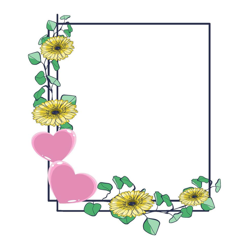 Floral frame with hearts, eucalyptus leaves and gerbera flowers vector