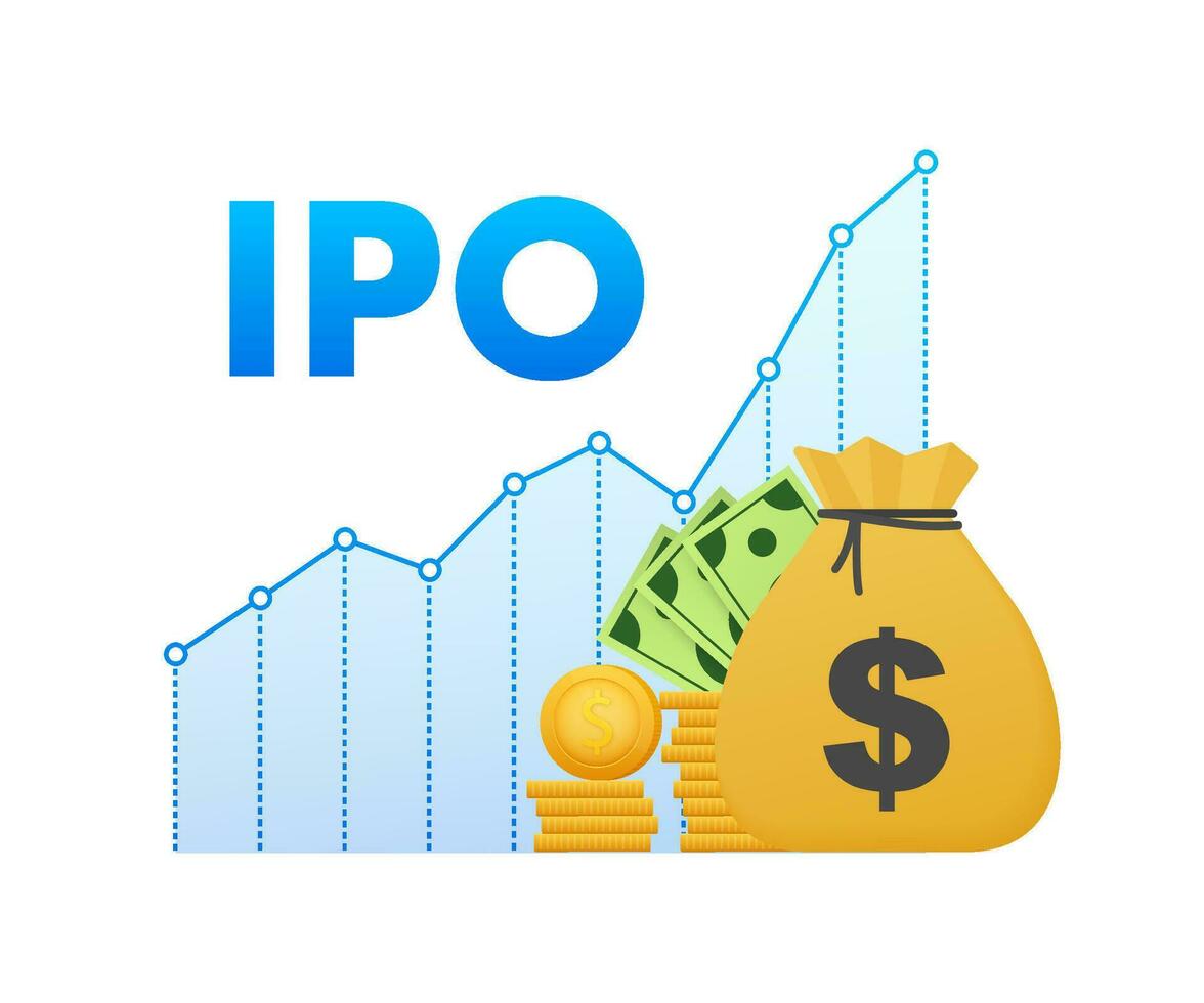 Vector IPO initial public offering concept in flat style   investment and strategy icons. Vector illustration.