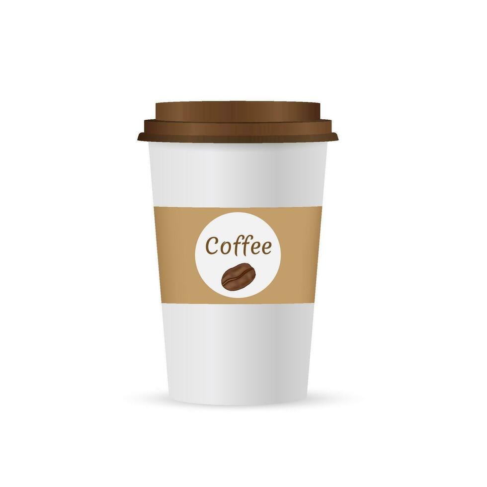 Close up take out coffee with brown cap and cup holder. Isolated on white background. Vector Illustration.