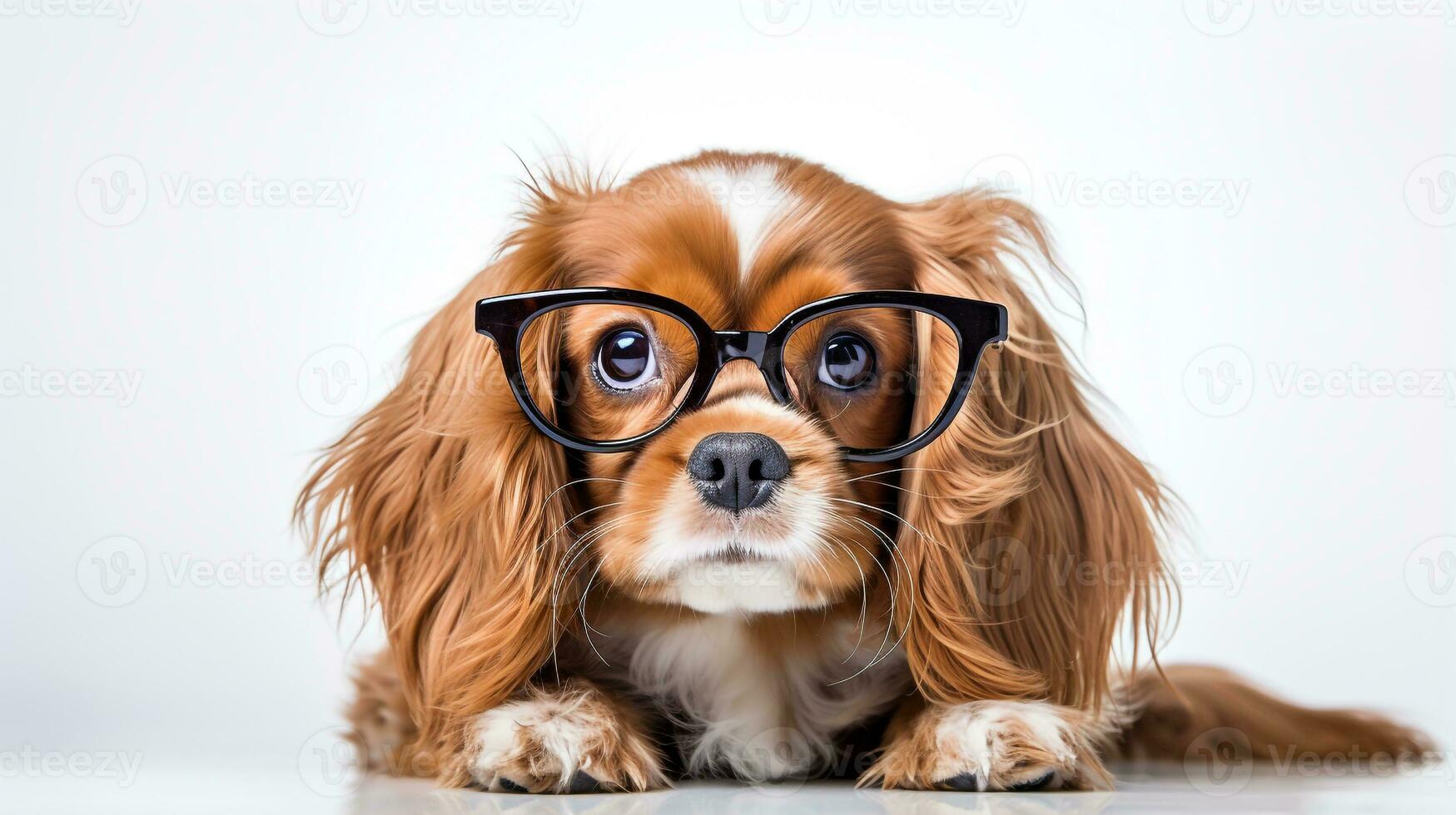 Photo of a Cavalier King Charles Spaniel dog using eyeglasses isolated on white background. Generative AI
