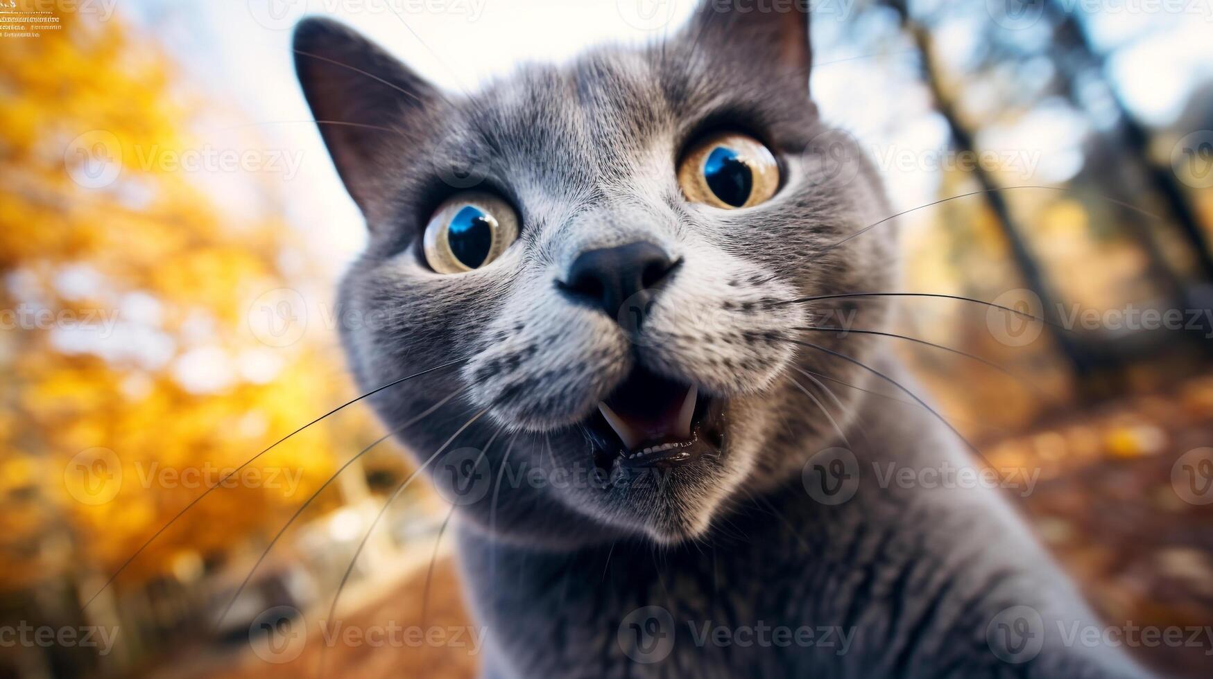 Close-up Photo of a funny shocked Russian Blue sticking out his tongue. Generative AI