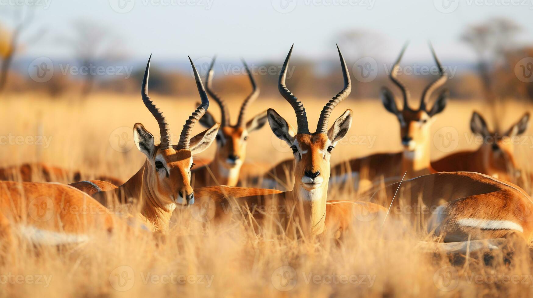 Photo of a herd of Antelope resting in an open area on the Savanna. Generative AI