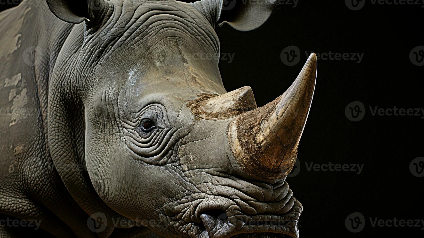 Close-up photo of a Rhinoceros looking any direction on jungle. Generative AI