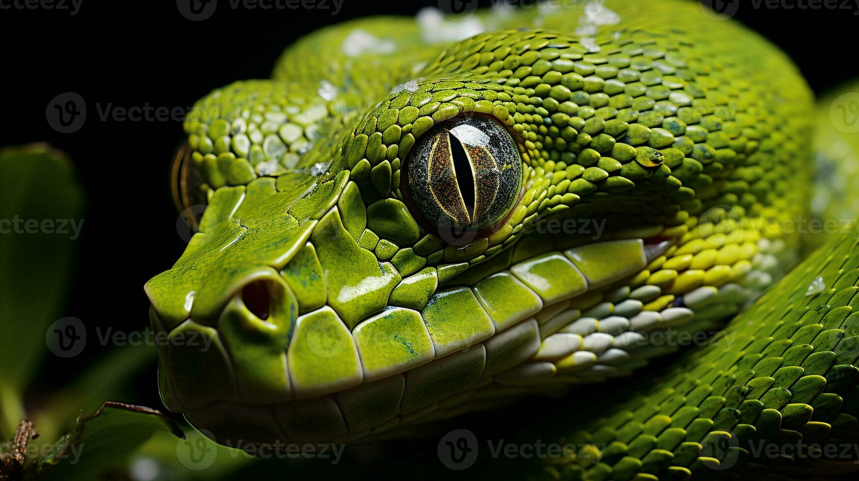 Close-up photo of a Green Tree Python looking in their habitat. Generative AI