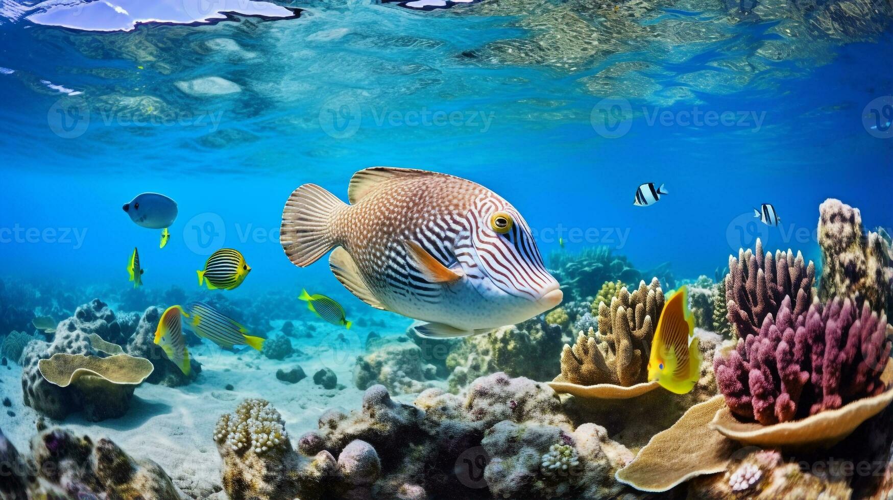 Photo of Flounder with various fish between healthy coral reefs in the blue ocean. Generative AI