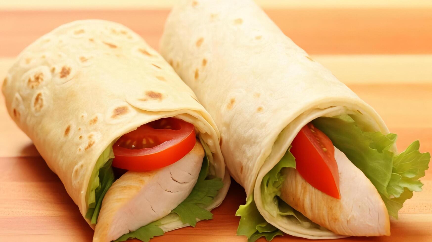 Two fresh chicken and salad tortilla wraps on wooden cutting board with glasses in background. . photo