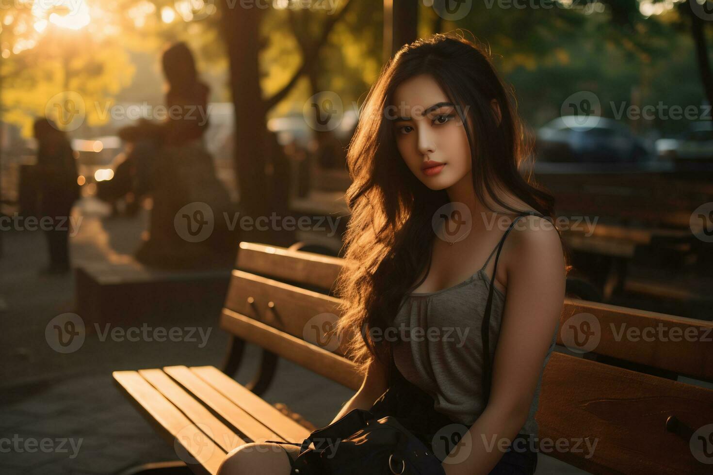 An beautiful asian woman sits on a park bench in the late afternoon photo