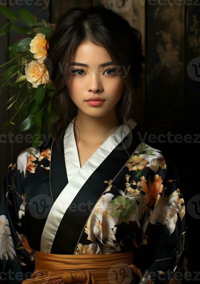 Beautiful young asian woman in a traditional japanese costume photo