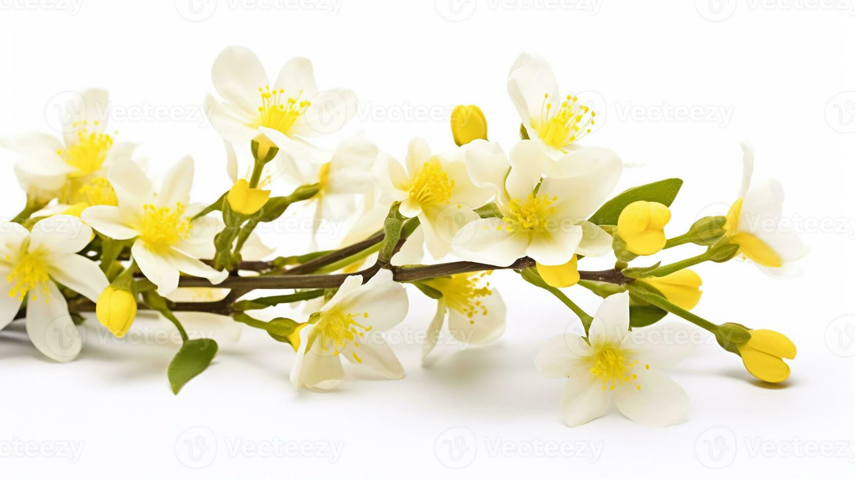 Photo of beautiful Winter Jasmine flower isolated on white background. Generative AI