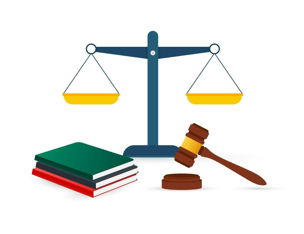 Justice scales and wood judge gavel. Wooden hammer with law code books vector