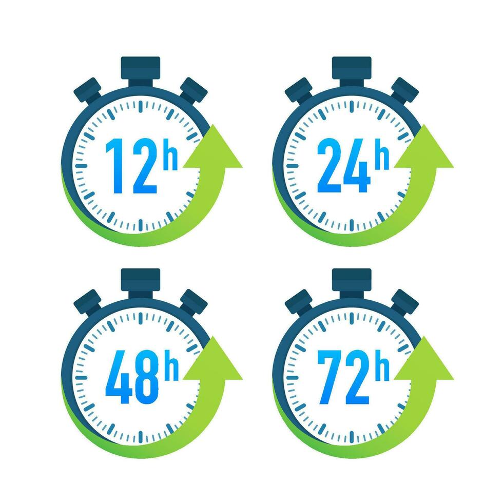 12, 24, 48, 72 hours clock arrow. Work time effect or delivery service time. Vector stock illustration