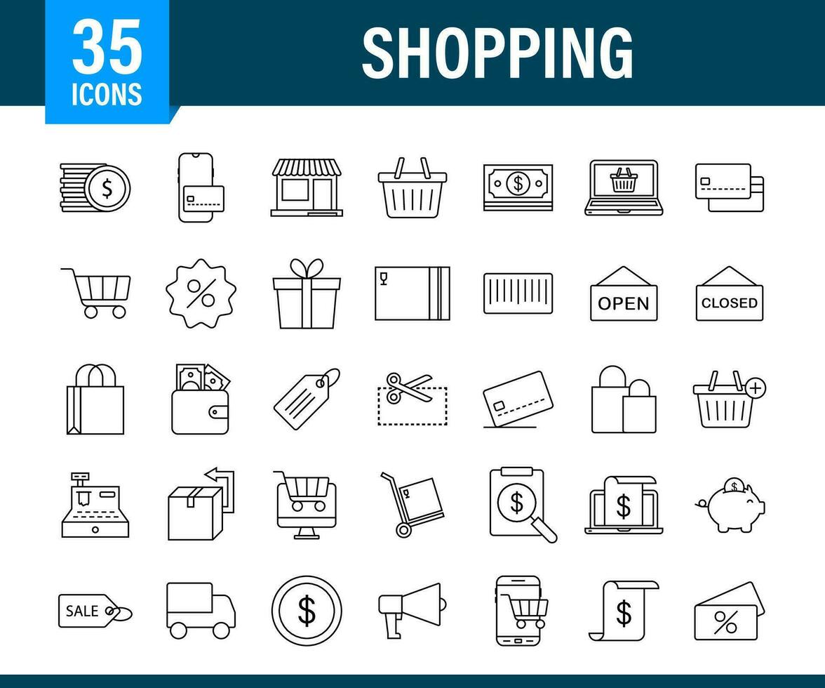 Shopping set icon for web design. E commerce. Discount coupon. Business icon. Price tag. Line vector. Vector stock illustration