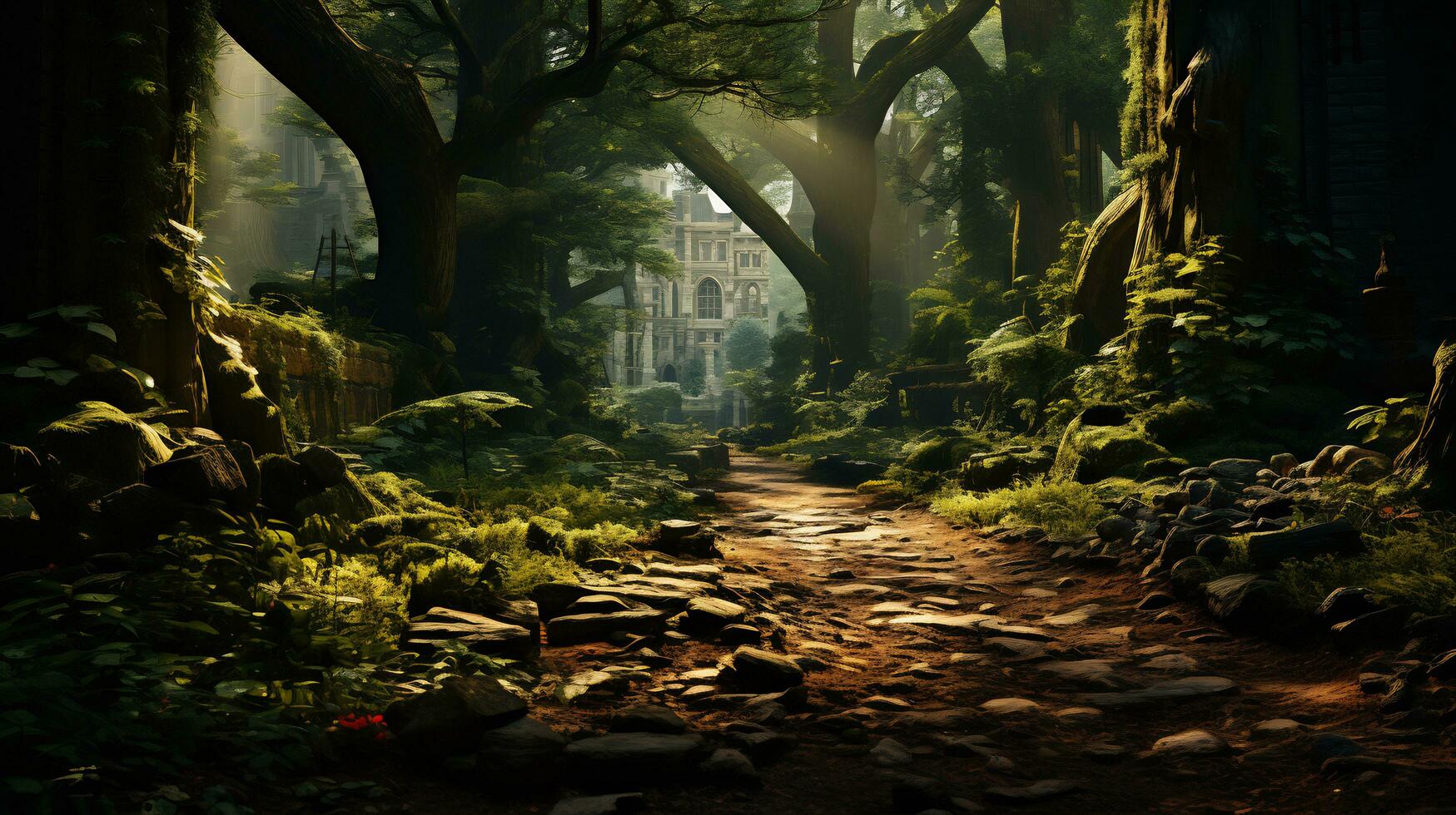 magical forest scenes with lush greenery photo