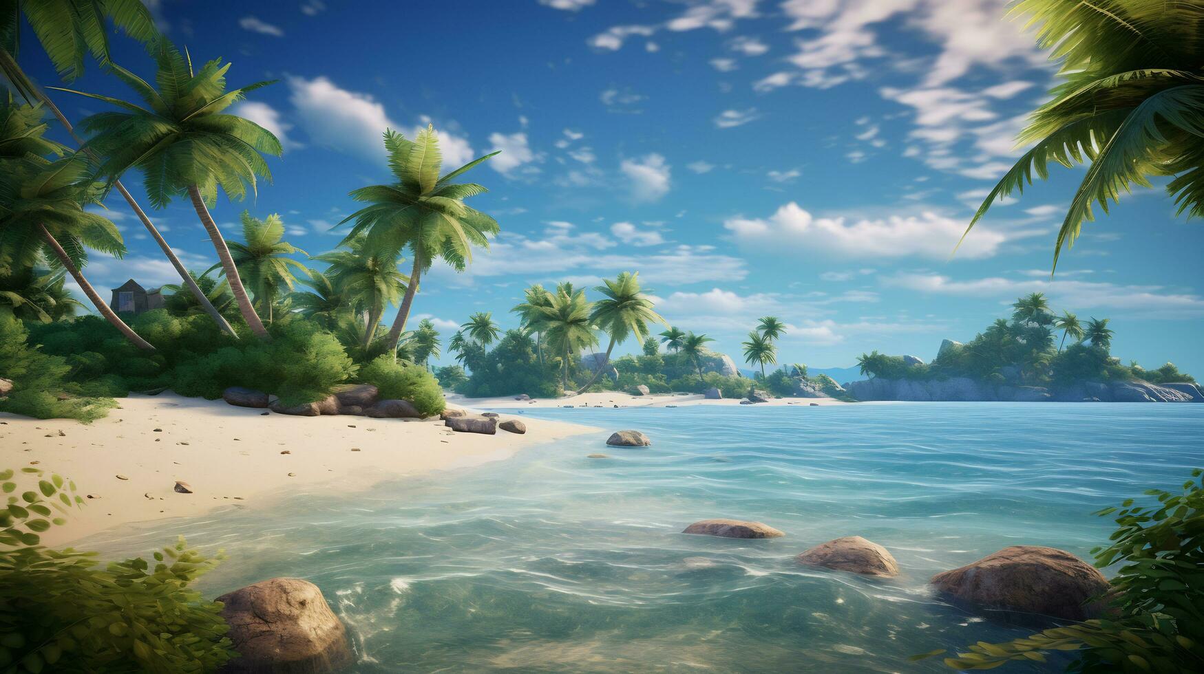 images of tropical paradises with palm fringed beach photo