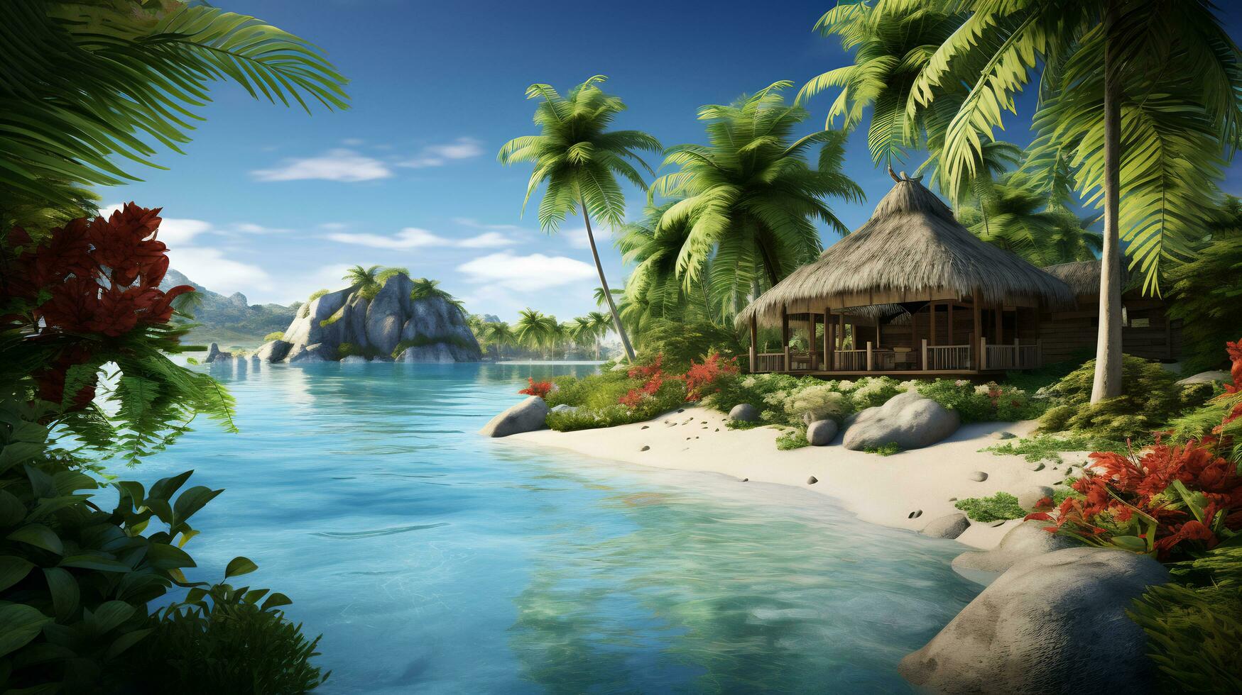 images of tropical paradises with palm fringed beach photo