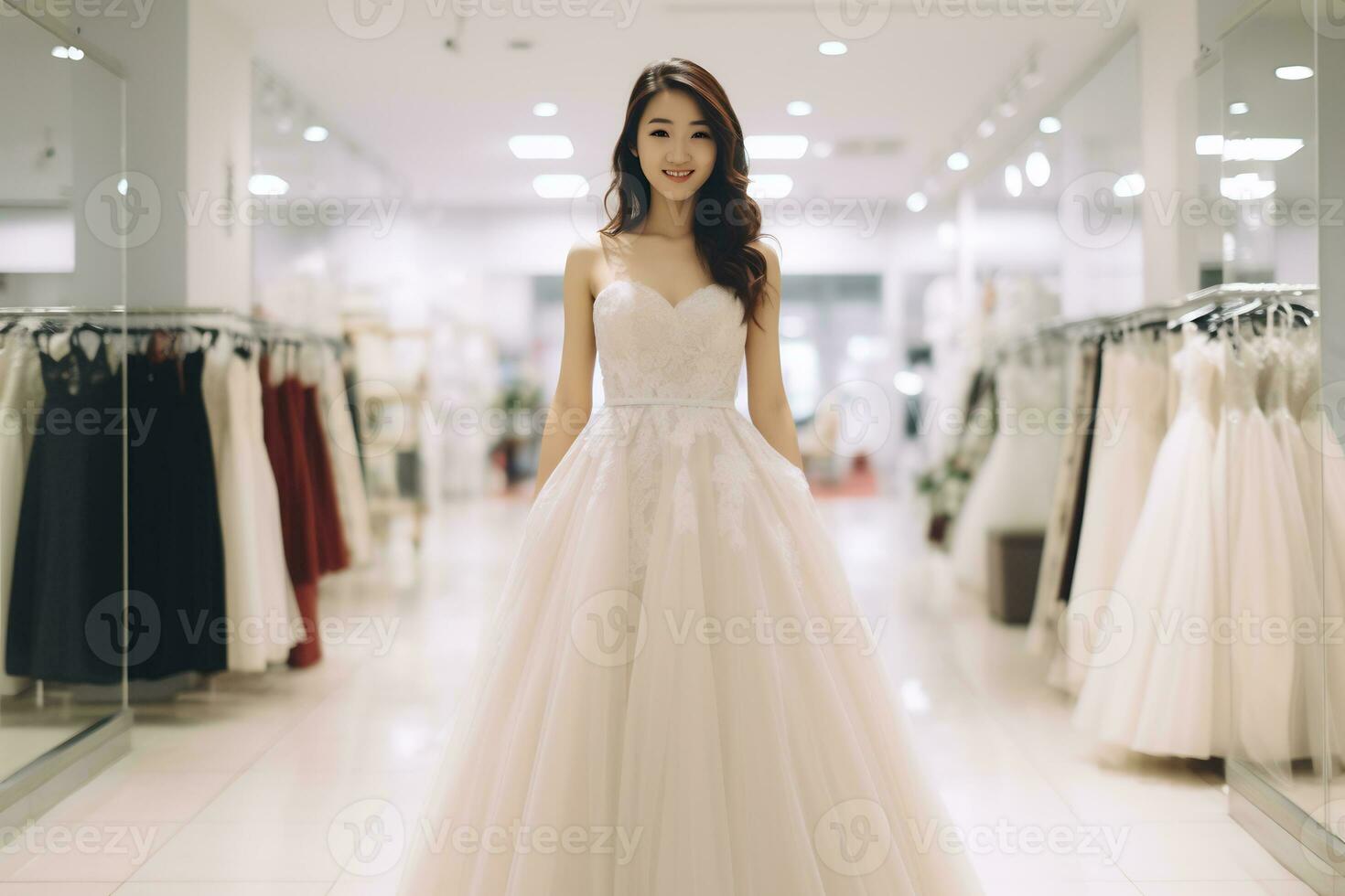 Beautiful asian try on wedding bride dress in fitting room photo