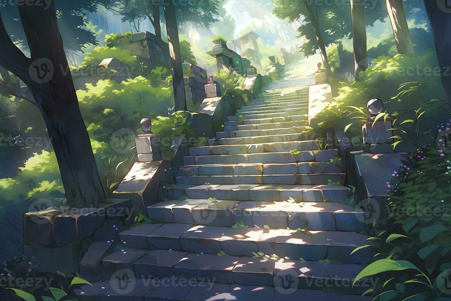 imagen de mágico bosque escena con lozano verdor con anime estilo foto