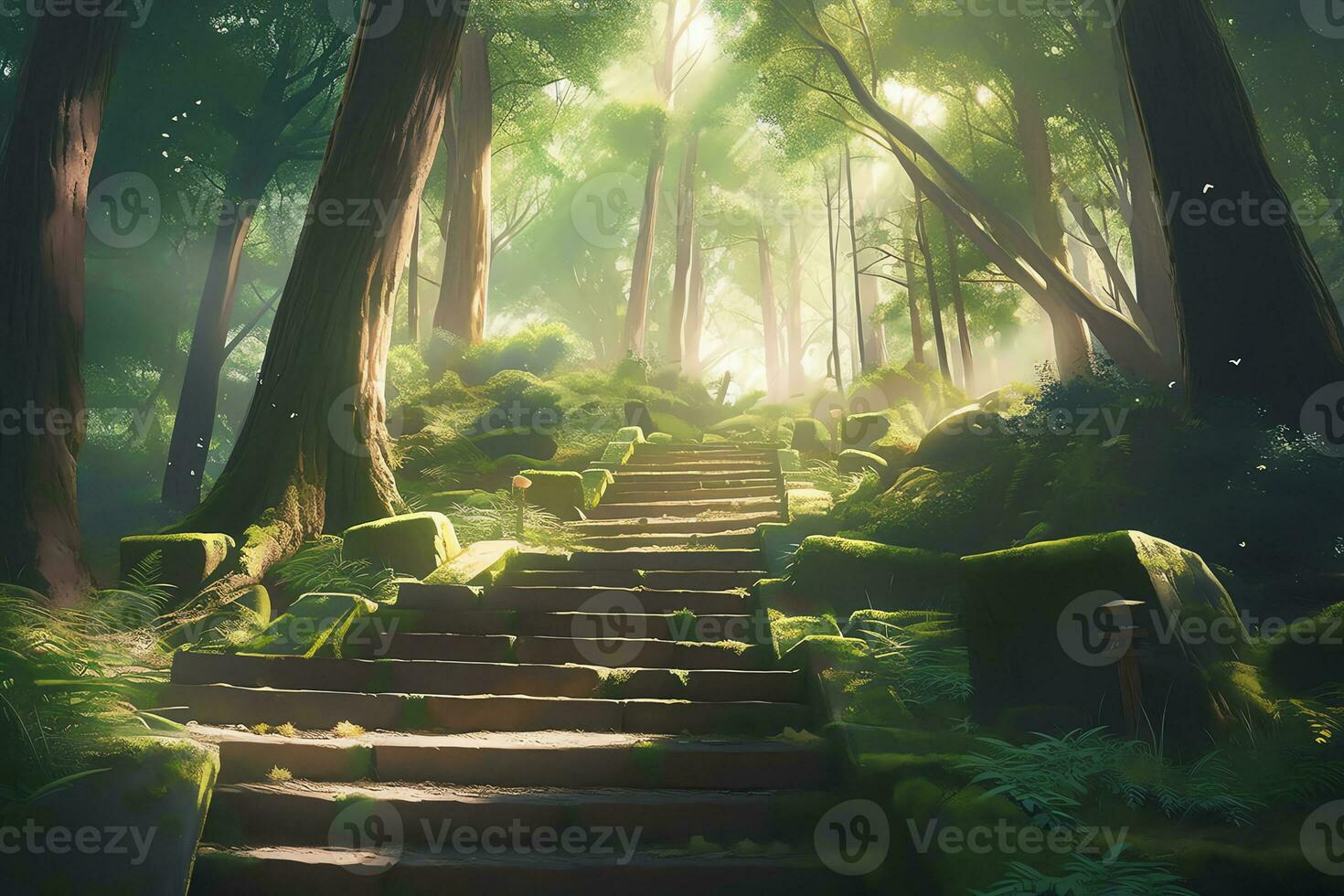 image of magical forest scene with lush greenery with anime style photo