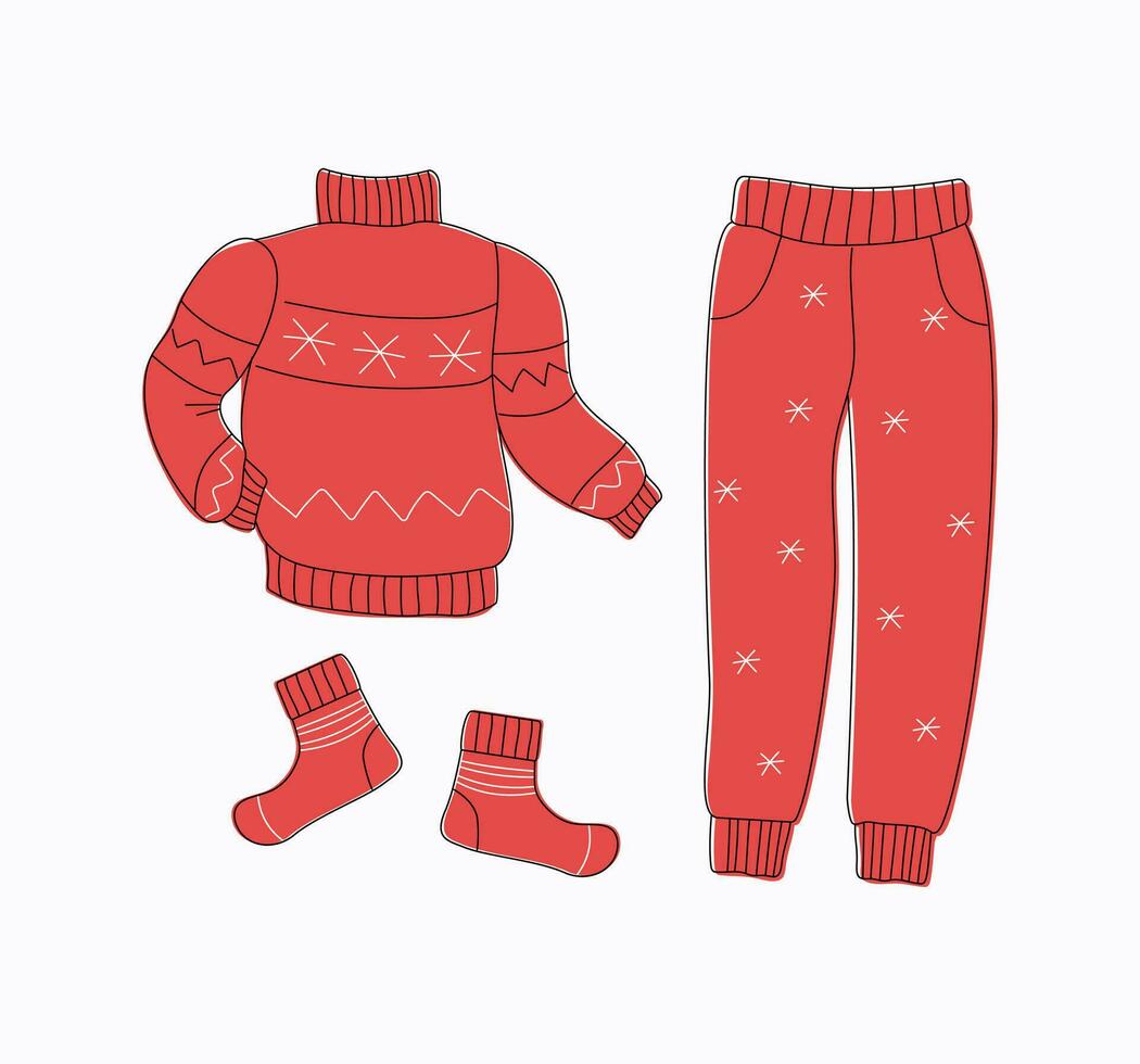 Warm cozy clothes. A set of clothes. Winter knitted sweater, pants and socks. Knitwear, woolen outfit. Linear vector sketch icon isolated white. Autumn, winter season. Knitted jersey with an ornament