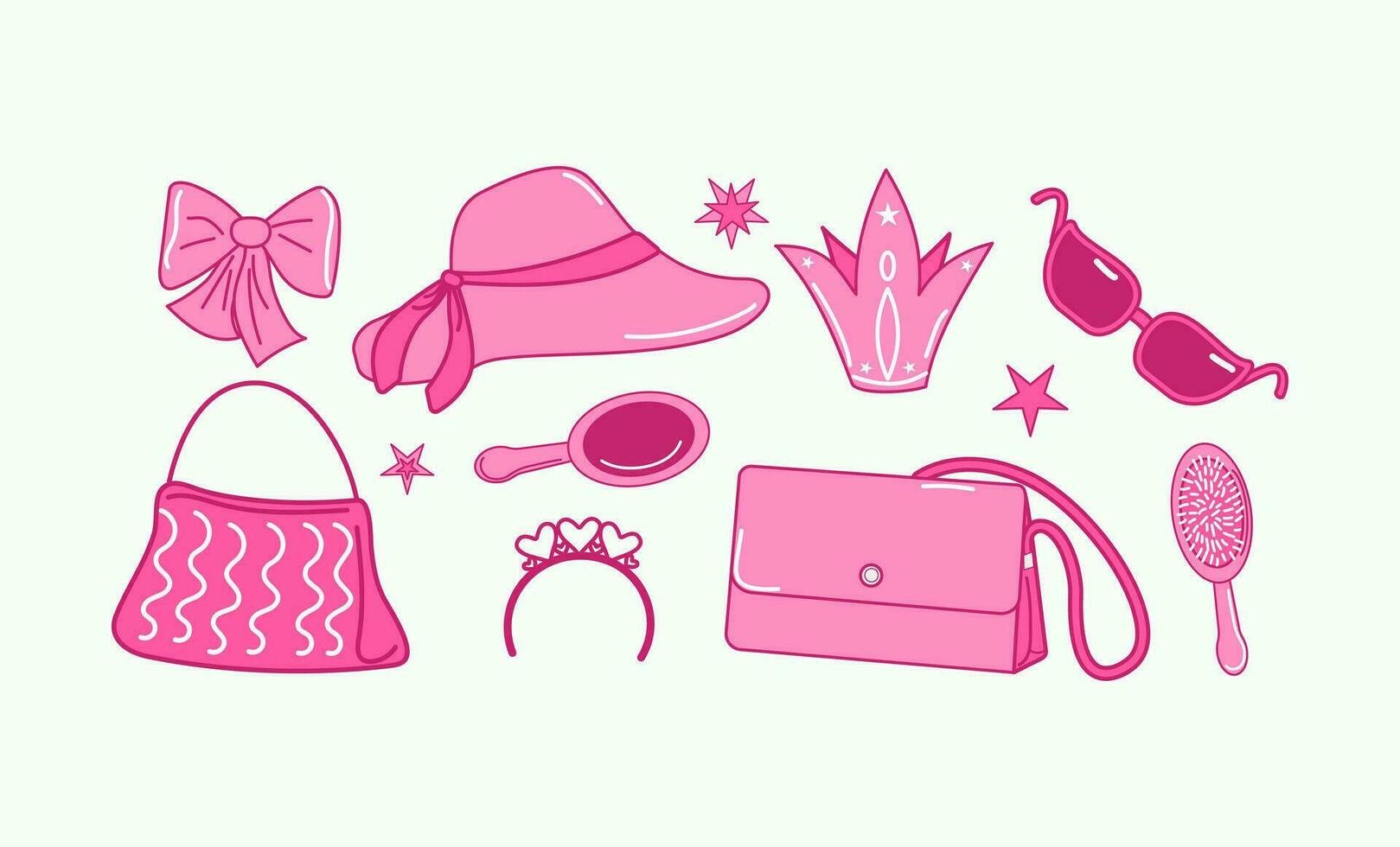 Pink fashion set, pink doll accessories, collection. Bag, clutch, cosmetic bag, hair accessories, hat, princess crown. Vector illustration, isolated background.