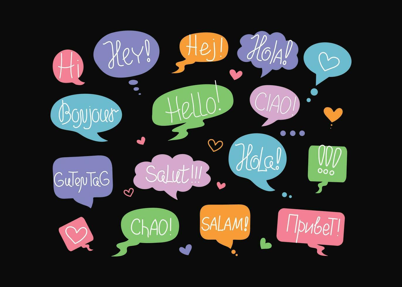 World Hello Day.  Short phrases in different languages, greetings. Information forms, speech bubbles. November 21. Funny vector banner, Calligraphy lettering, words. Talk, communicate, social media.