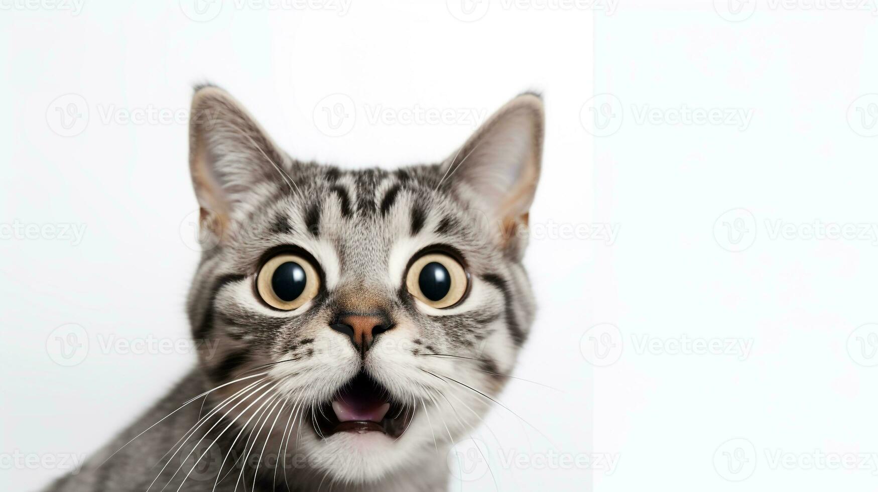 Close-up Photo of a funny shocked American Shorthair sticking out his tongue isolated on a white background. Generative AI