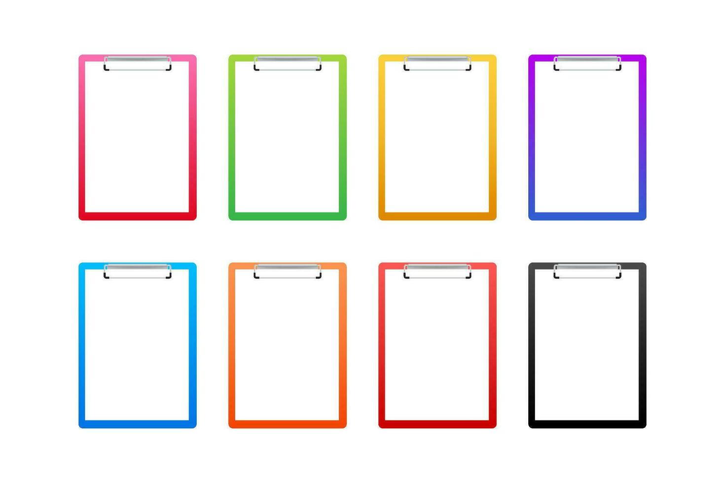 Different color clipboard set with blank white sheet. Vector stock illustration