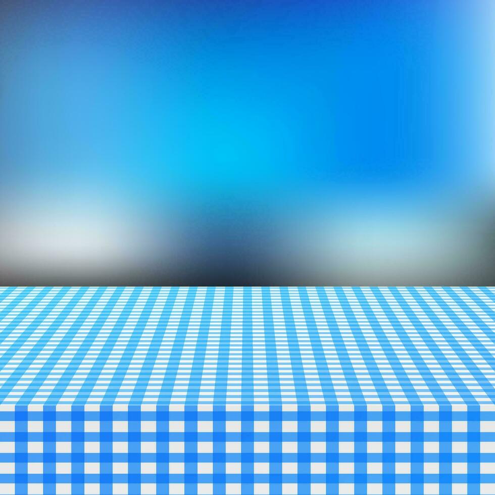 Blue corner tablecloth on white wood table. Vector stock illustration