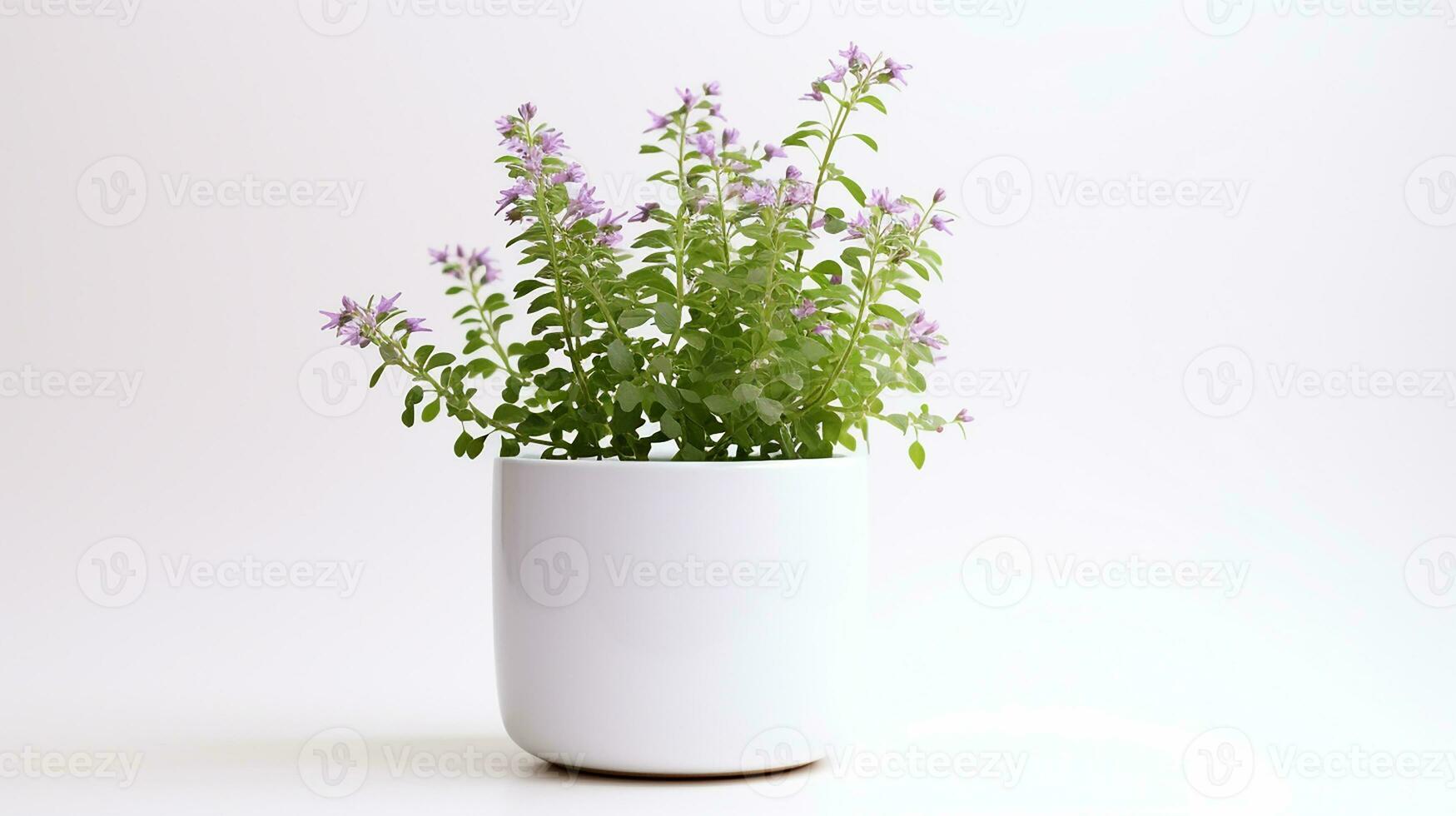 Photo of Meadow Rue flower in pot isolated on white background. Generative AI