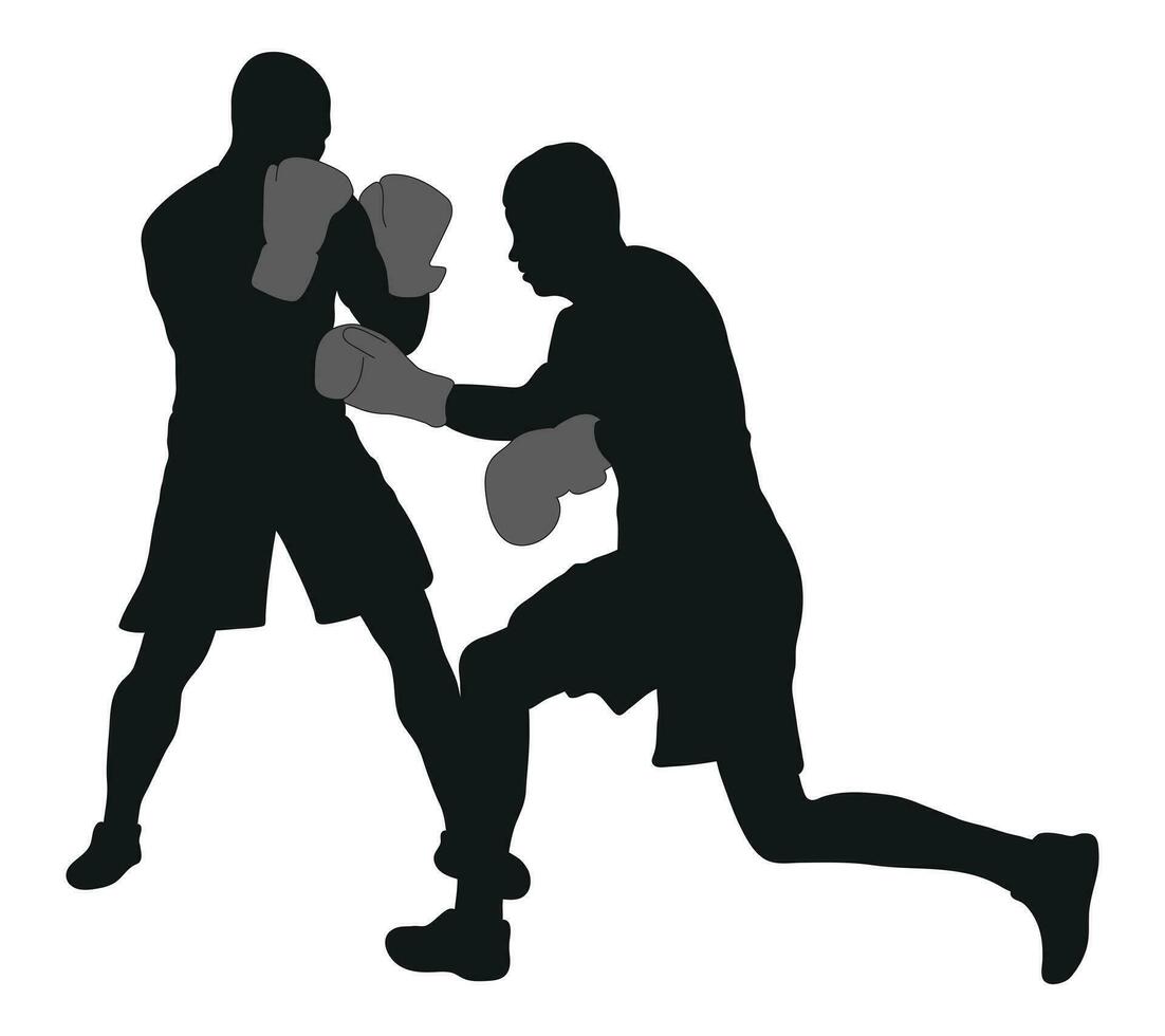 Image of silhouettes of boxing athletes, MMA fighters. Boxing, bout, fighting, infighting, outfighting, pugilism, duel, ring craft, mixed martial arts, mma, sportsmanship vector
