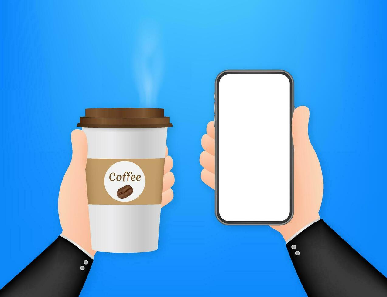 Disposable coffee cup in hand and smartphone. Vector stock illustration