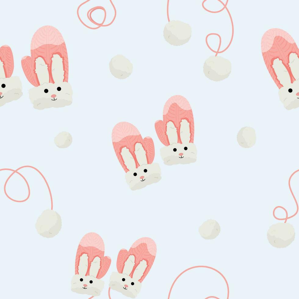 Seamless pattern of warm winter mittens. Mittens with bunny ears. Cute wool or knitted mittens for cold and frosty weather. Vector illustration.