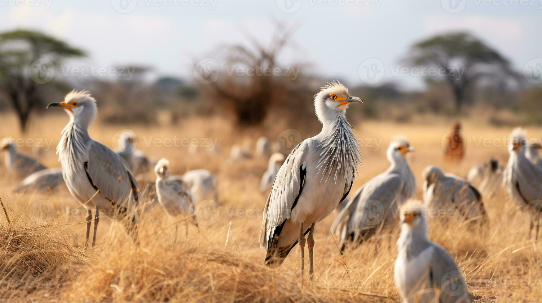 Photo of a herd of Secretary Bird resting in an open area on the Savanna. Generative AI