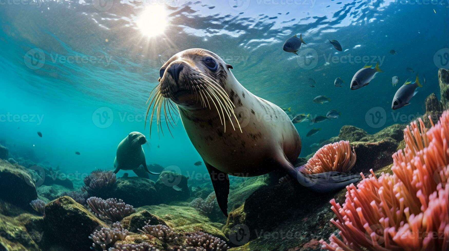 Photo of Sea Lion with various fish between healthy coral reefs in the blue ocean. Generative AI