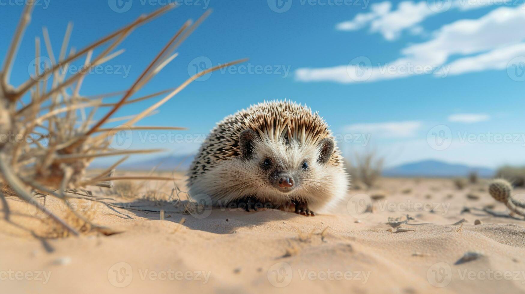 Photo of a Desert Hedgehog in a Desert with blue sky. Generative AI