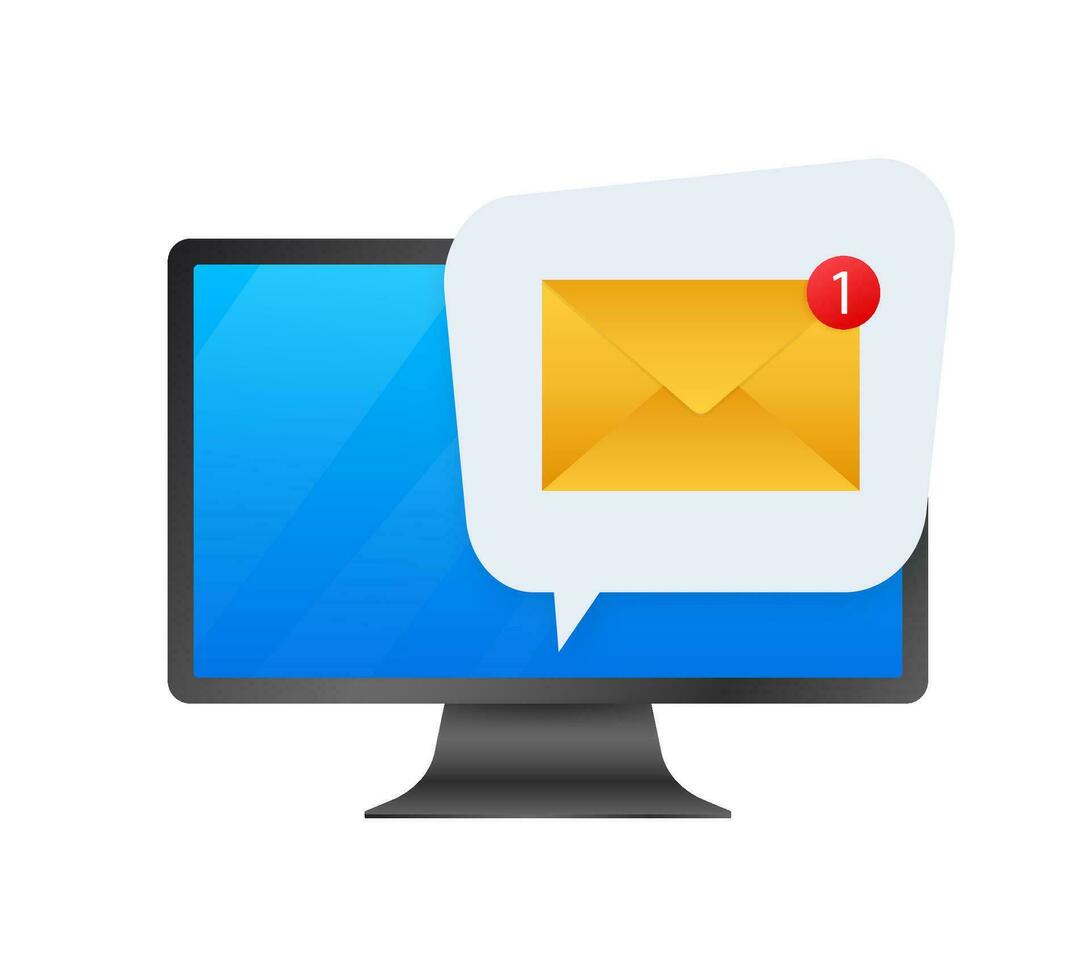 Computer with browser and envelope illustration, symbol of email receiving, service, notification vector