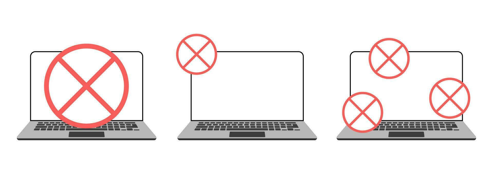 Banned laptop sign. Warning, laptop with forbidden sign on screen, security system vector