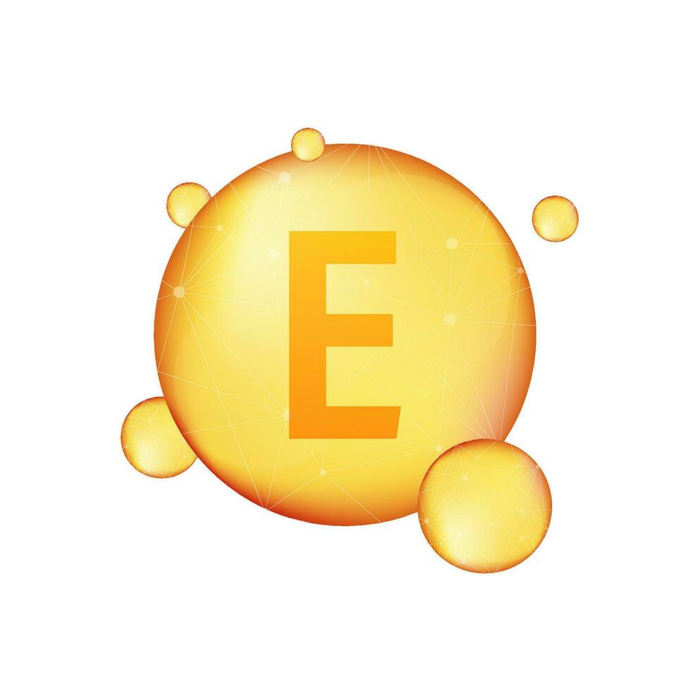Vitamin E gold shining icon. Ascorbic acid. Vector stock illustration.