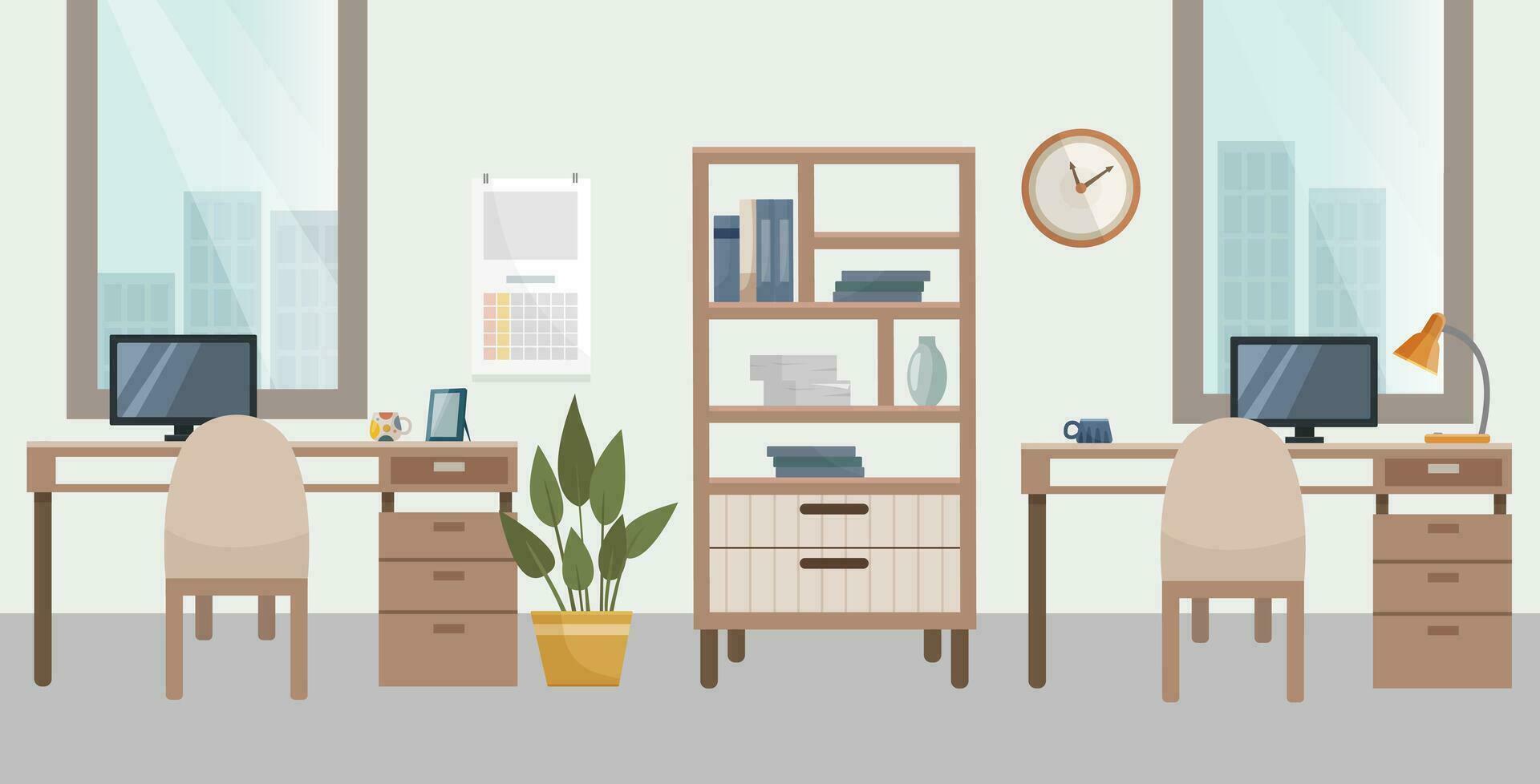 Office interior design. Workplace, modern interior, office.  Interior concept. Office with computer, home flower, clock, lamp. Big windows. Illustration in flat cartoon style. vector
